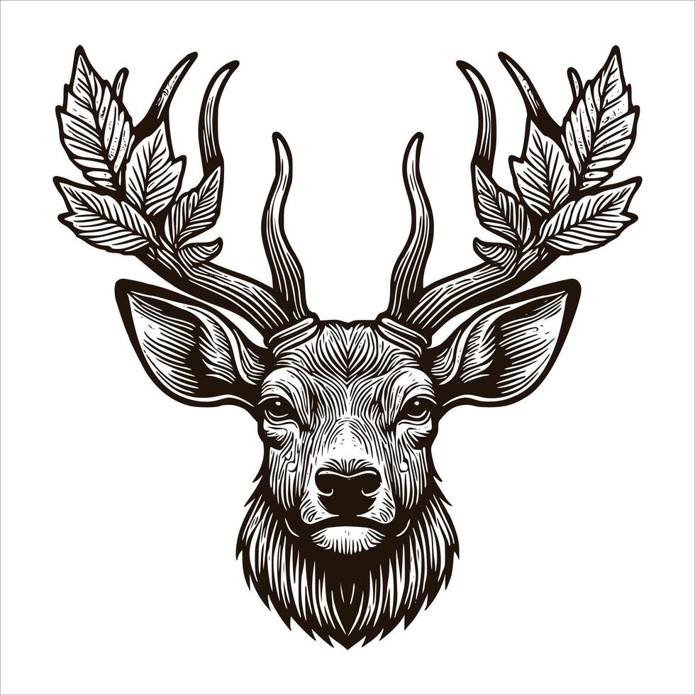 A deer head with horns and leaves on it vector