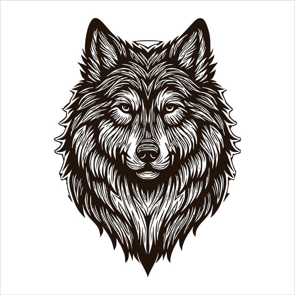 The head of a wolf is shown in a black and white drawing vector