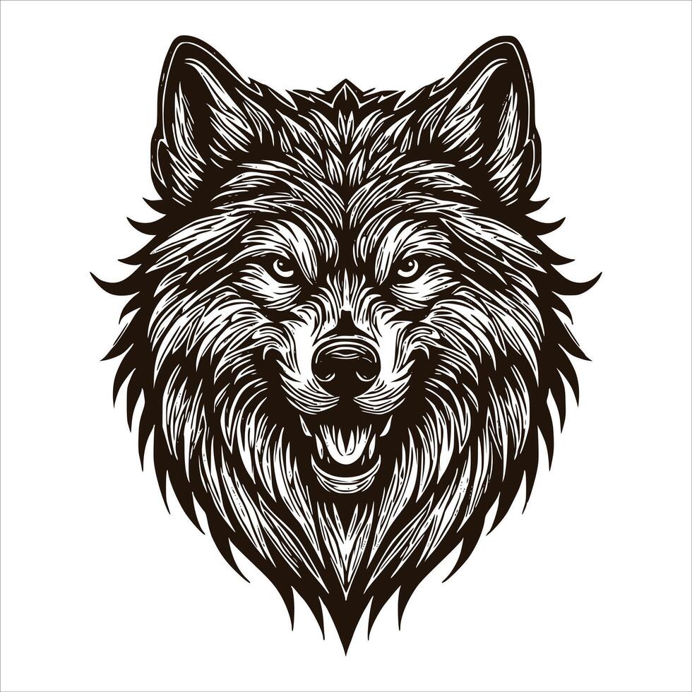 The wolf head is shown in a black and white style vector
