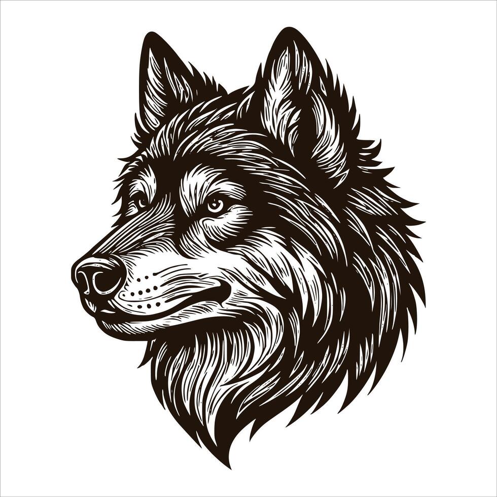 The head of a wolf is shown in a black and white drawing vector