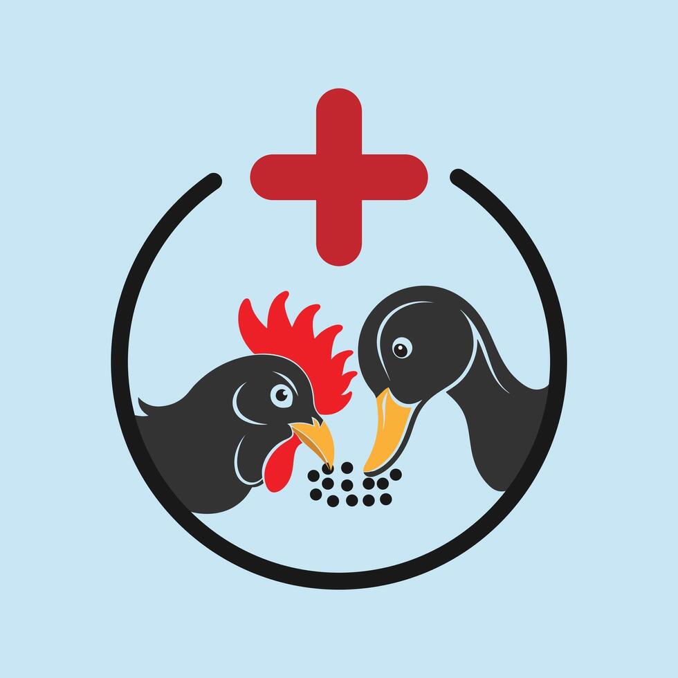 A black and white logo with a chicken and a red cross vector