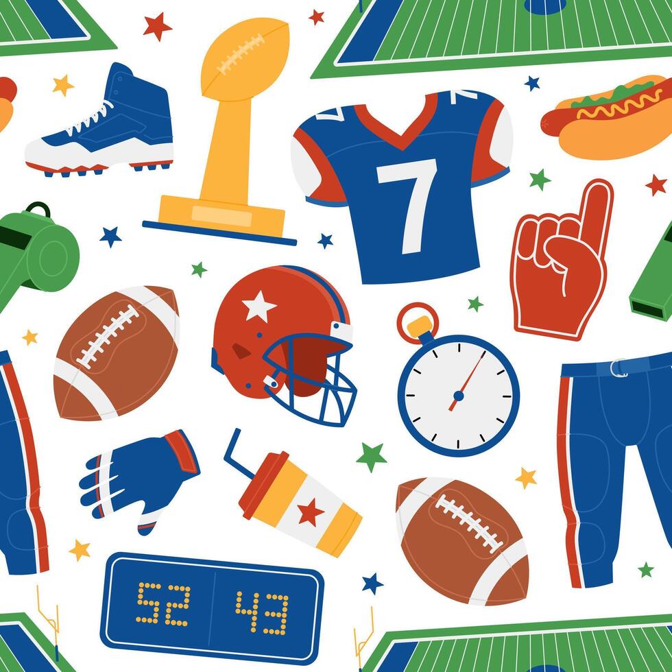 American football seamless pattern with jersey, pants, prize, ball, whistle, stopwatch, scoreboard, boots, helmet, foam fingers, field, hot dog, drink and gloves. Sport game. Flat background vector