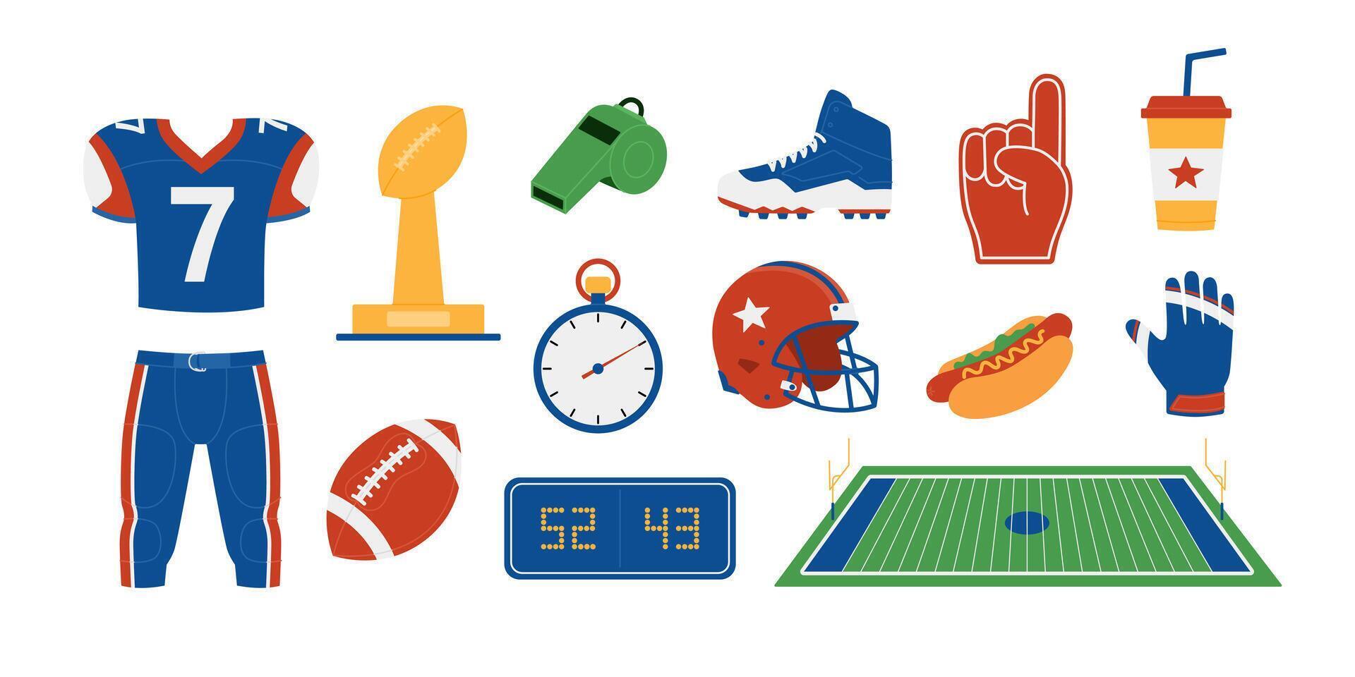 American football set with jersey, pants, prize, ball, whistle, stopwatch, scoreboard, boots, helmet, foam fingers, field, hot dog, drink and gloves. Sport game. Flat illustration vector