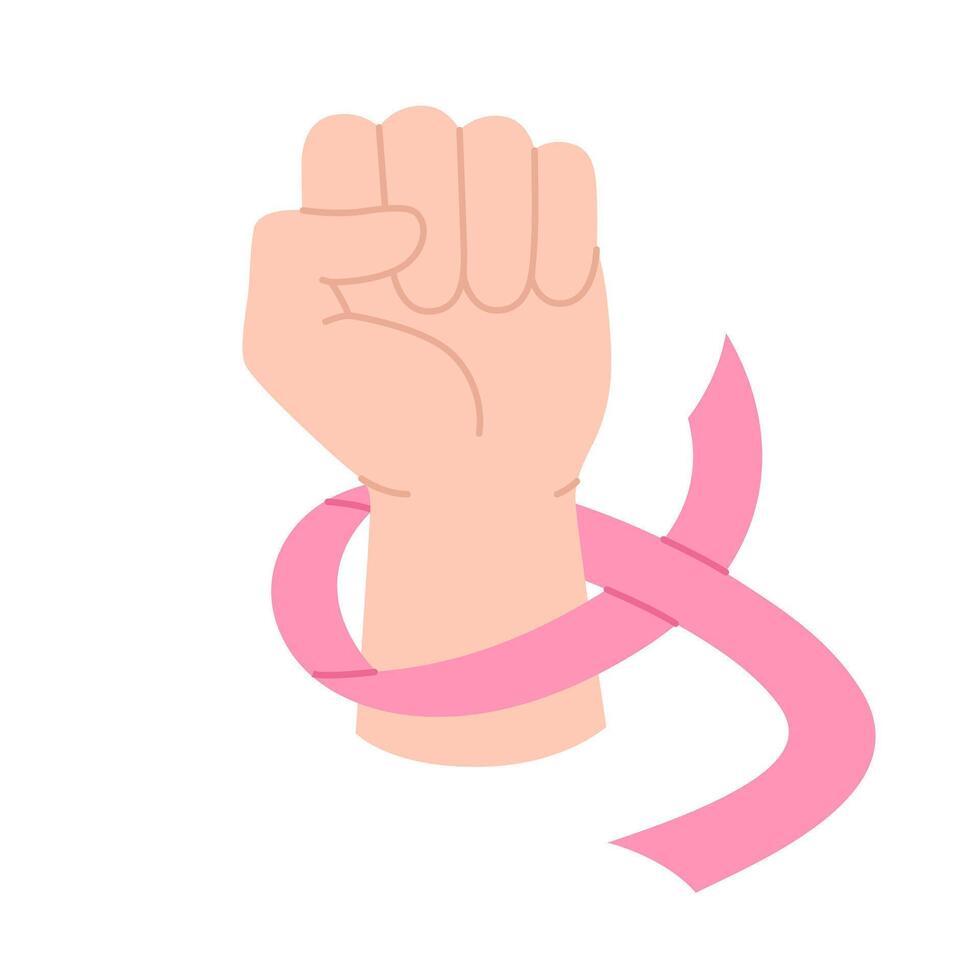 Breast Cancer Awareness Month concept. Raised clenched fist with pink ribbon around wrist. Hand and support symbol. Pink October. Flat illustration isolated on white background vector