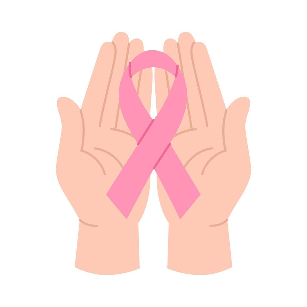 Breast Cancer Awareness Month concept. Two hands holding pink ribbon. Palms and support symbol. Pink October. Flat illustration isolated on white background vector