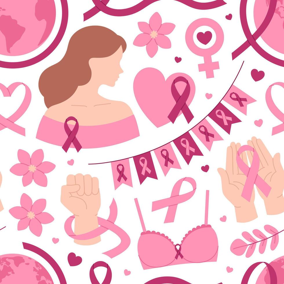 Breast Cancer Awareness Seamless Pattern. Pink October Month. Background with pink ribbons, woman, bra, hands, hearts, flags, earth and flowers. Flat illustration vector