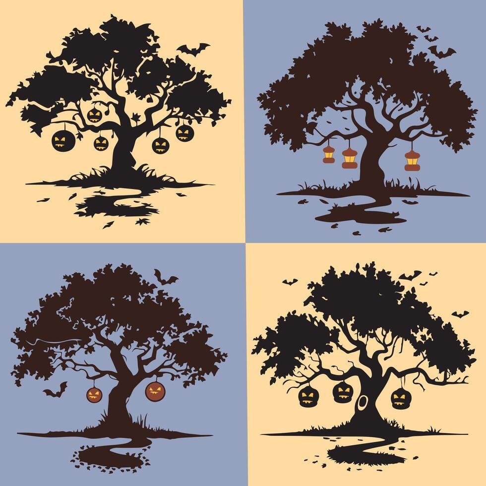 Dark and spooky Halloween trees in black set, Silhouettes of spooky hounted trees with ominous pumpkin faces and creepy roots. Concept of Halloween, horror, haunted forest, evil nature. vector