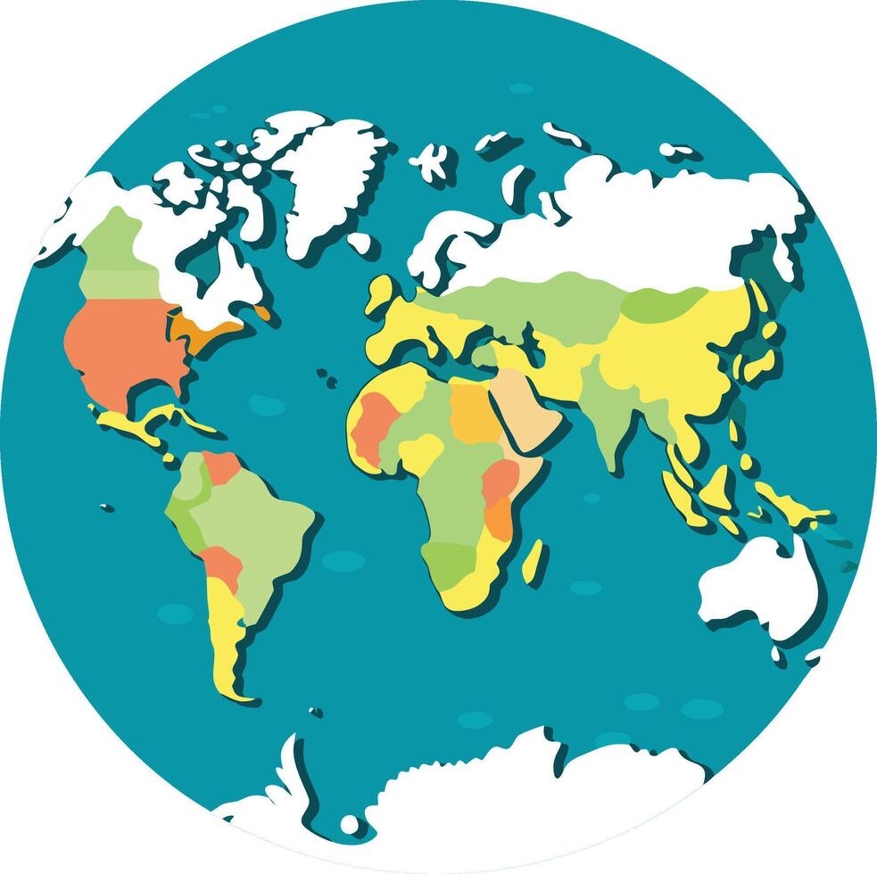 The world map is shown in a circle vector