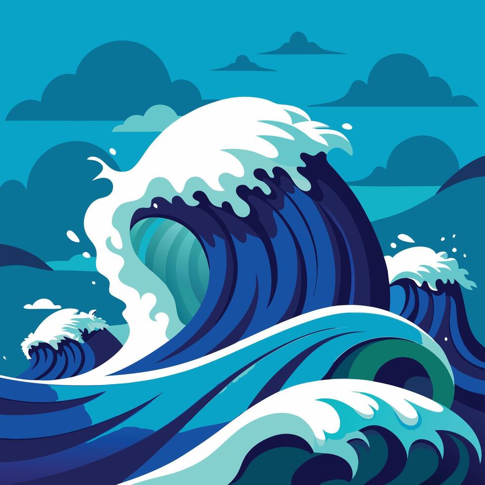 An illustration of a large wave crashing into the ocean vector