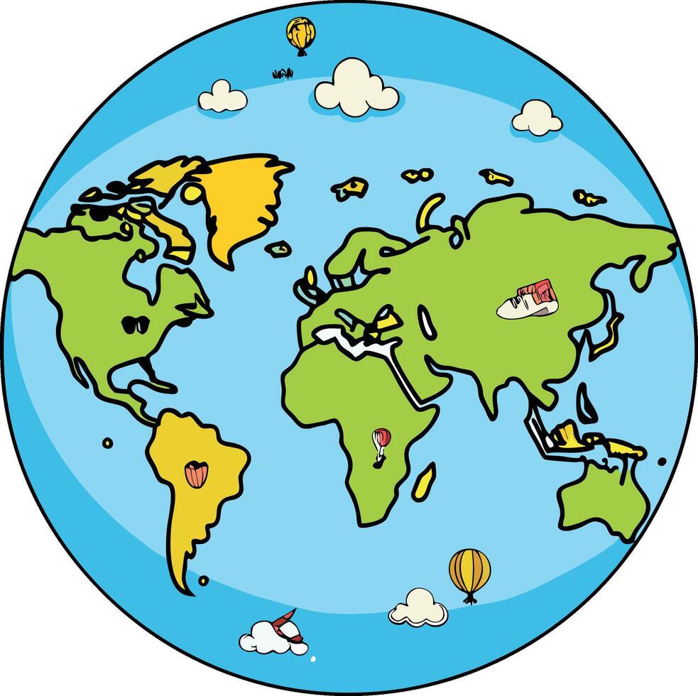 Cartoon world map with hot air balloons and clouds vector