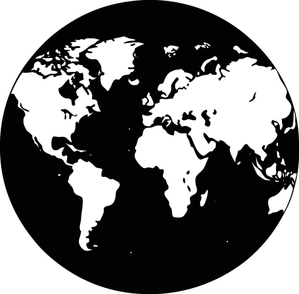 A black and white world map in a circle vector