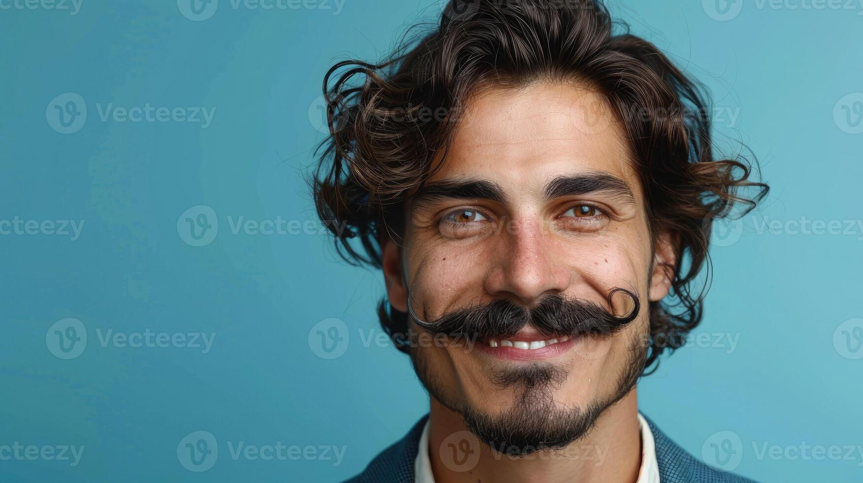 smiling man with thick black mustache and curly hair isolated on a blue background. Symbolizing Movember, awareness of men's health photo