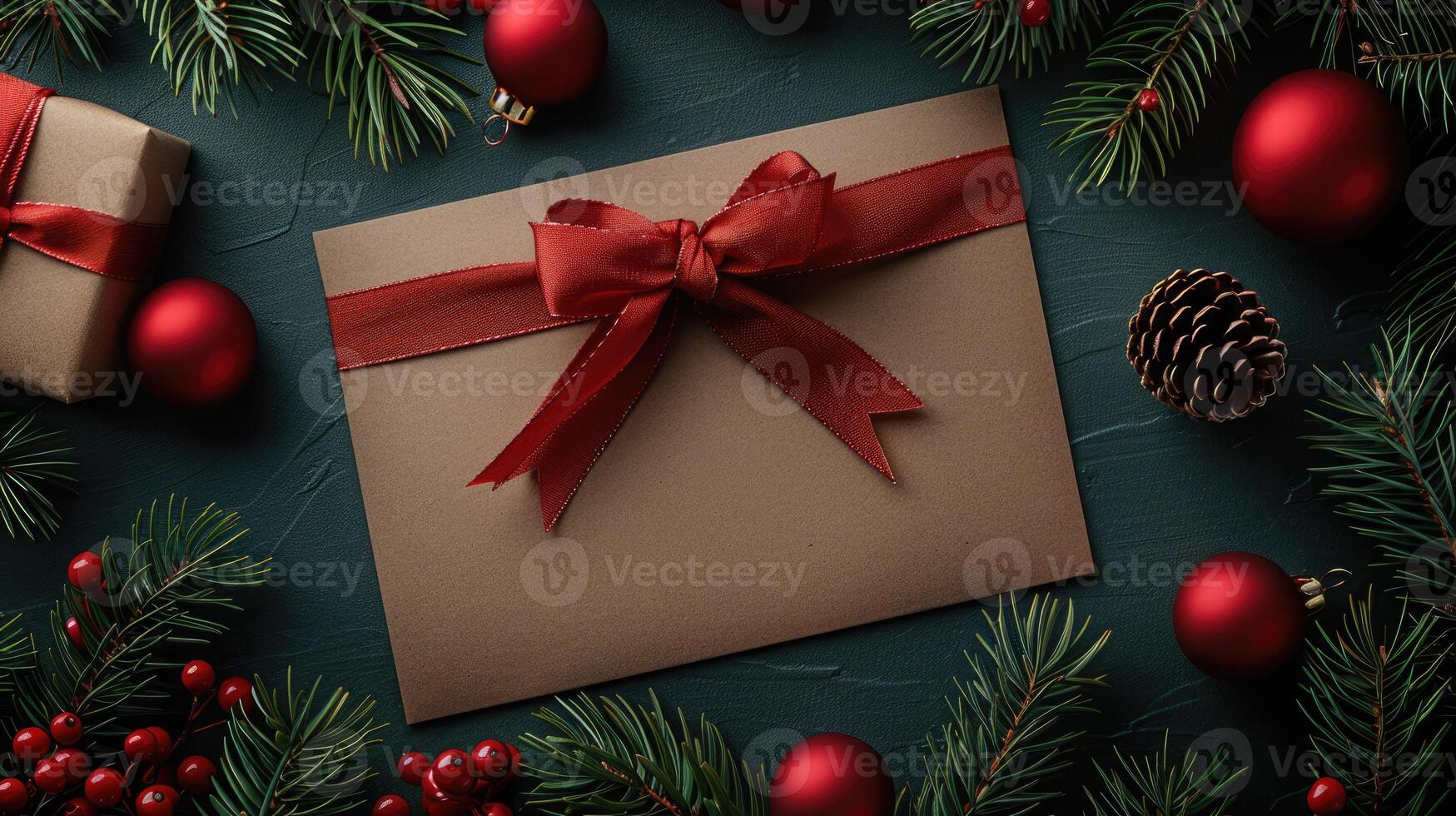 Christmas greeting card mockup with empty copy space for text and New Year greeting, Christmas background with pine branches, cones and gifts. Space for seasonal greeting. photo