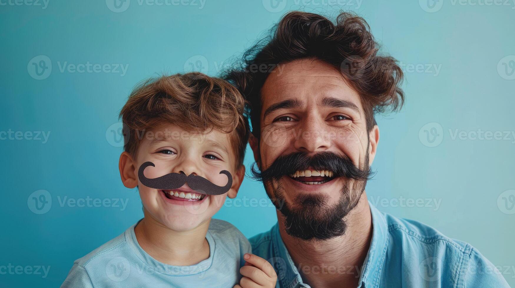joyful father and son with moustaches, smiling together. The father has a real moustache, while the son wears a playful paper one. Perfect for Father's Day, Movember, or family-themed campaigns photo