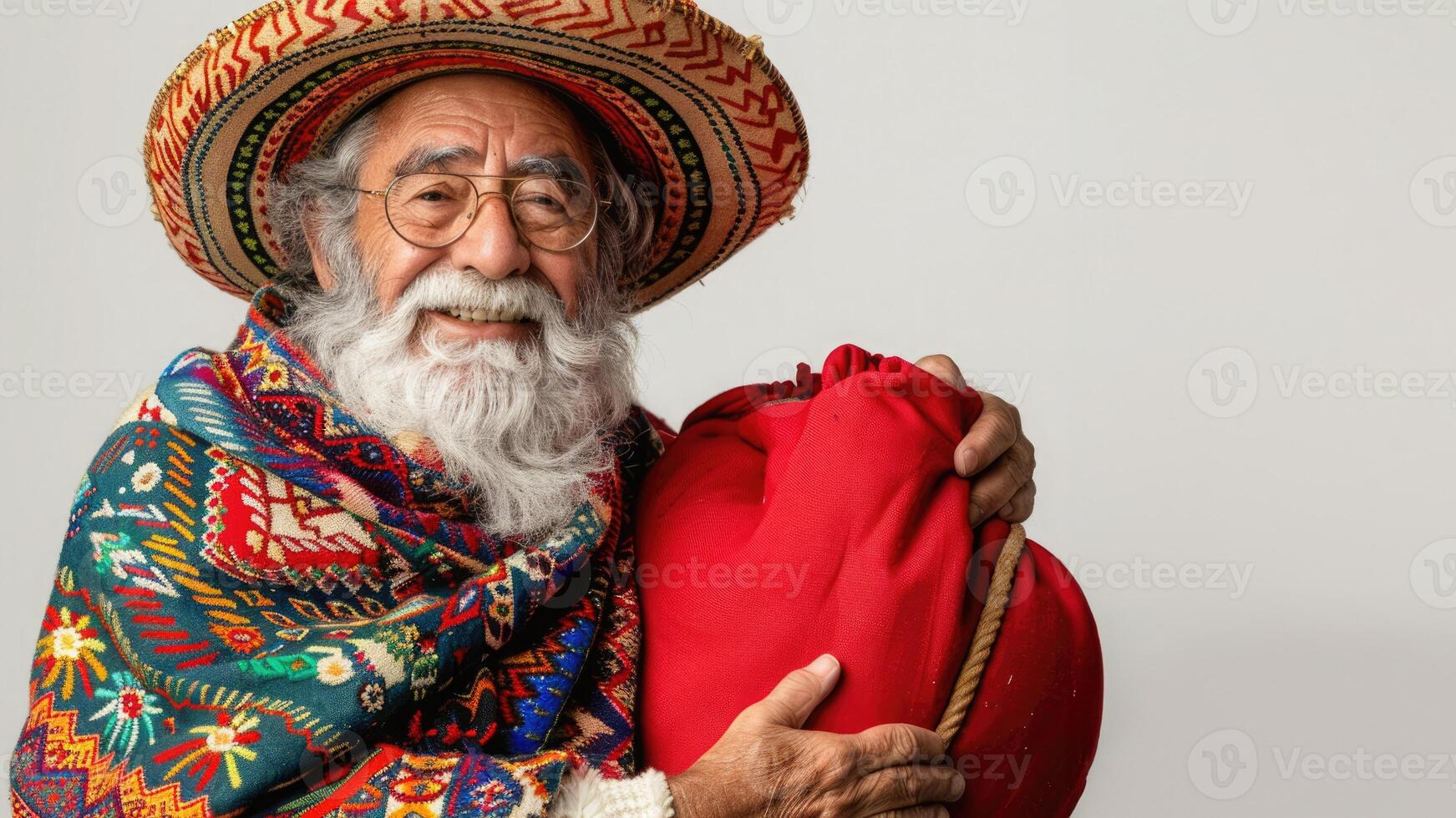 Mexican culture. Poncho claus or Mexican Santa Claus in sombrero, poncho and big red gift bag isolated on white background with space for text. Diversity of New Year and Christmas. photo
