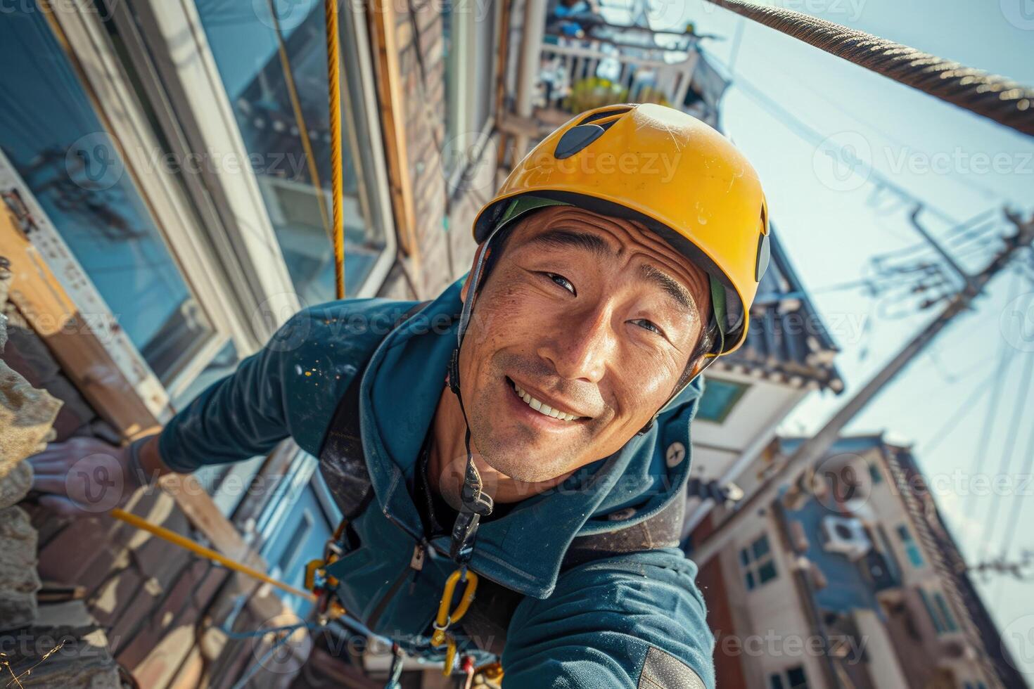 Asian male construction worker climber in protective gear working at height on building construction site. Safety during high-altitude work. Industrial mountaineering. photo