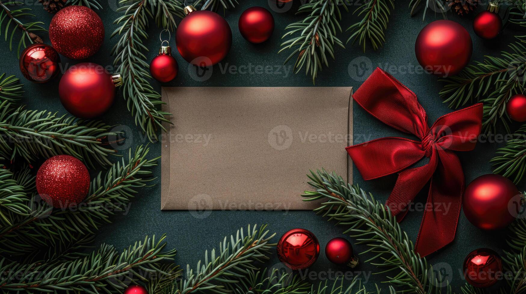 Christmas card mockup with blank space for text, featuring a festive background of pine branches and cones. Perfect for New Year and Christmas greetings or seasonal message photo