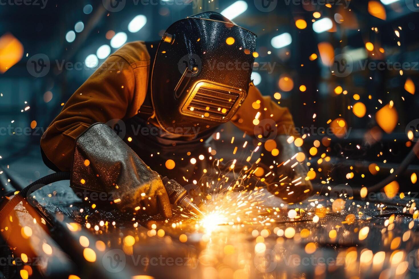 Commercial welder in protective gear and helmet working at a plant. Safety when working with metal, welding methods, conditions in the workshop, arc welding and industrial safety measures. photo