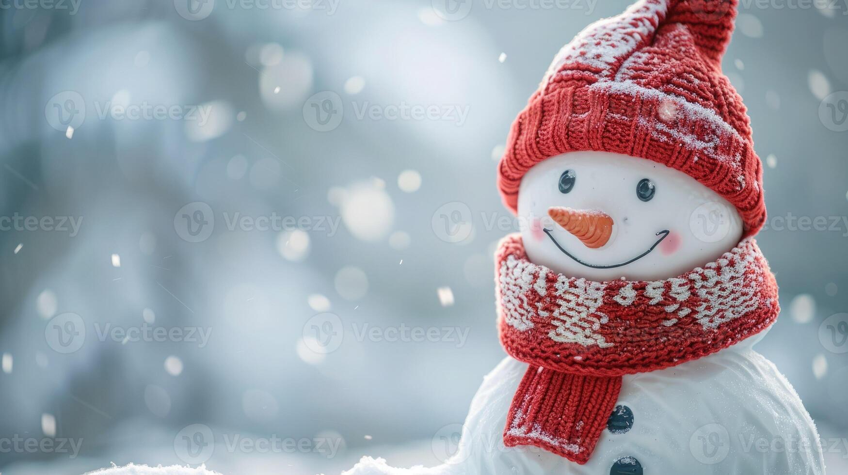 Christmas winter background with snowman in red knitted scarf and hat in snow and blurred bokeh background. Happy New Year and Merry Christmas greeting card. copy space. photo