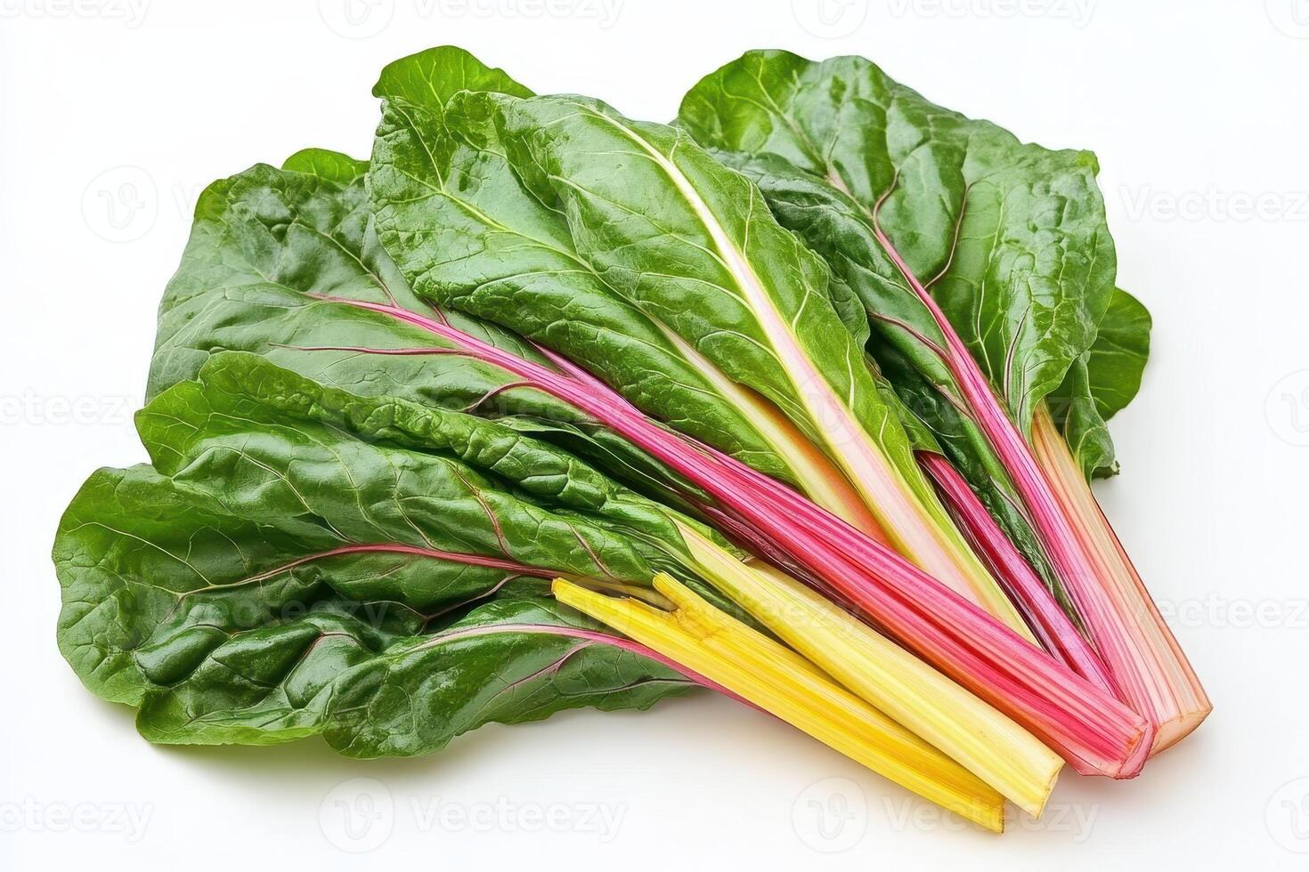 Fresh Swiss chard leaves with vibrant stems, ideal for cooking and salads. photo