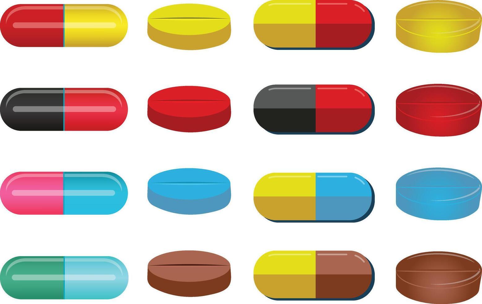 Pills, tablets and medicine drugs, Oval and round capsules set vector