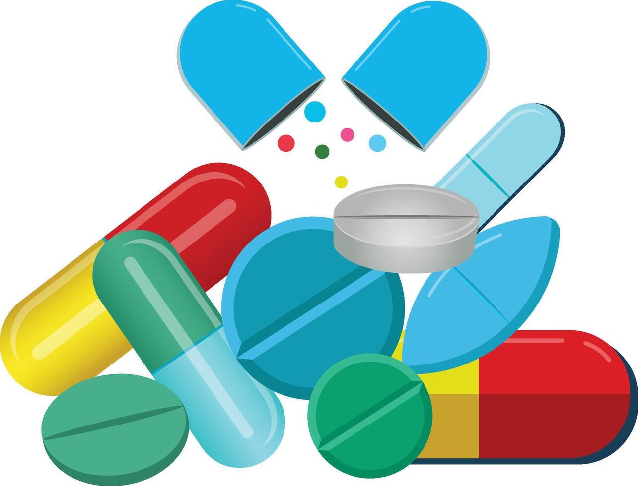 collection of colorful pills Set, medications in different sizes and shapes, Oval and round Pills vector