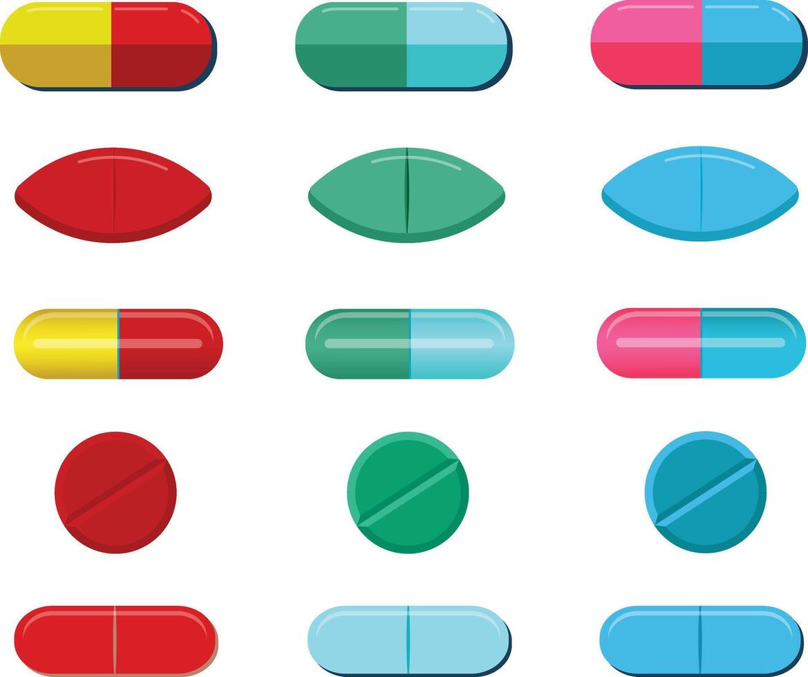 collection of colorful pills Set, medications in different sizes and shapes, Oval and round Pills vector