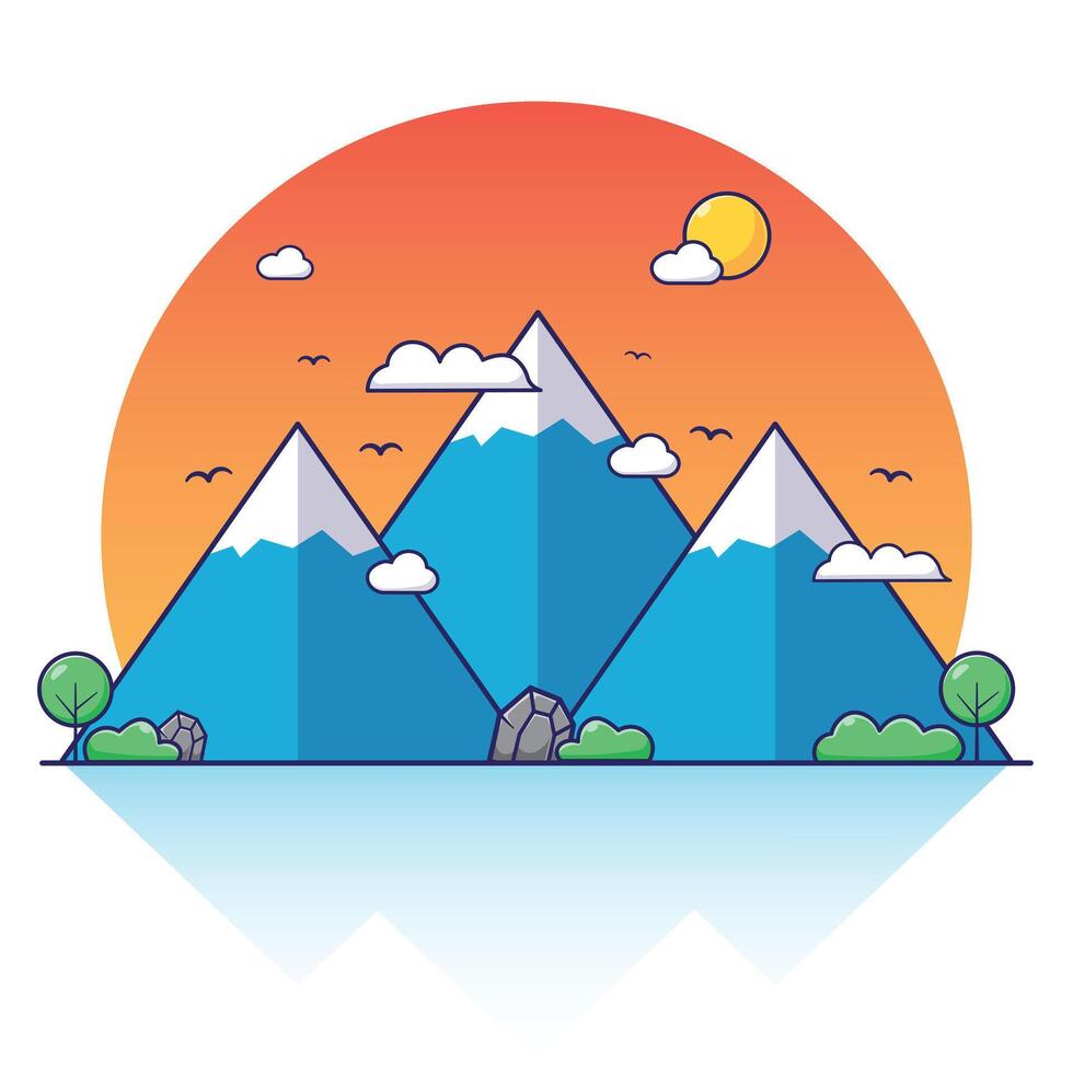 Ice mountain aesthetic scenery landscape with sunset background. Fresh mountain scenery cartoon and simple concept vector