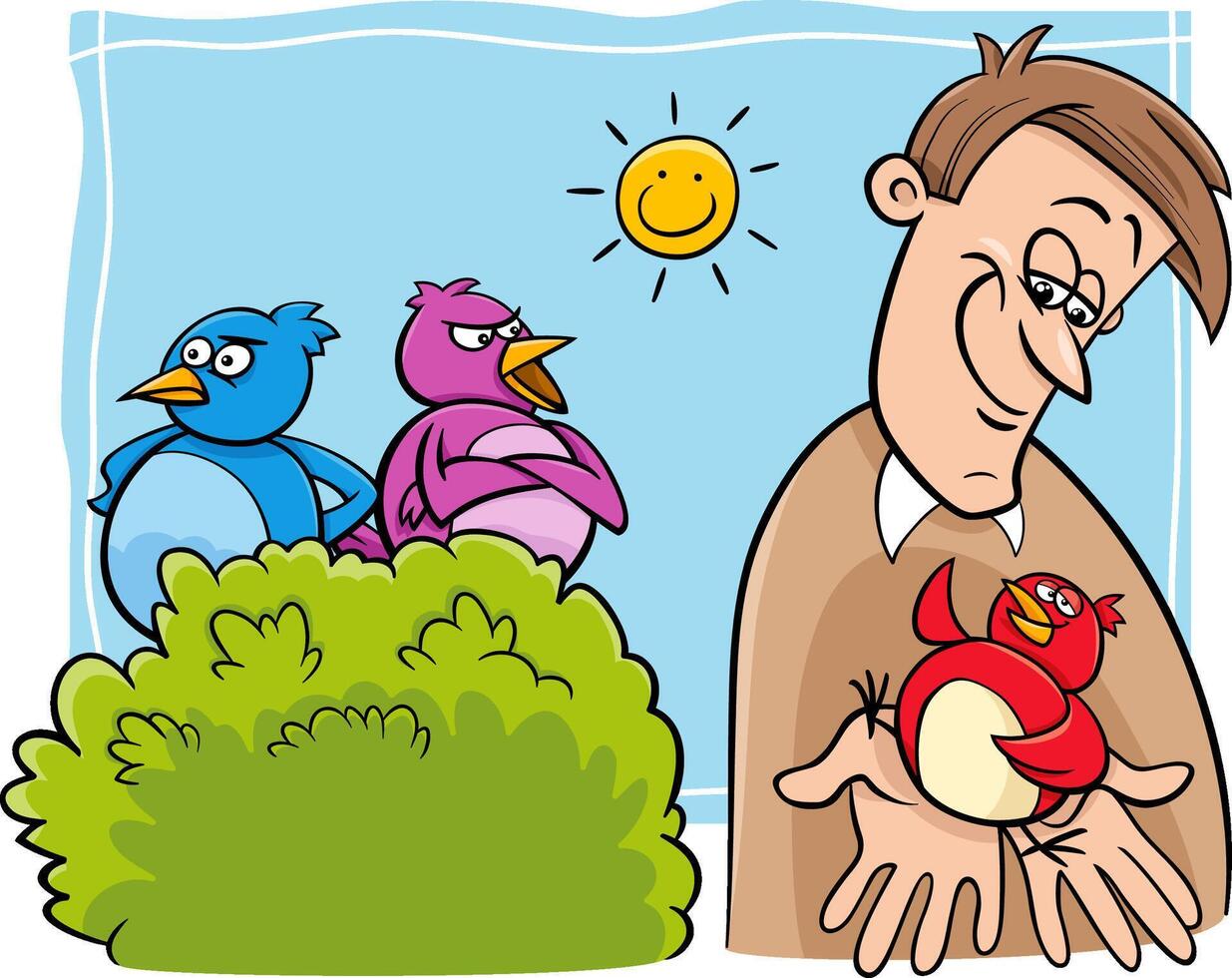 bird in the hand worth two in the bush cartoon vector