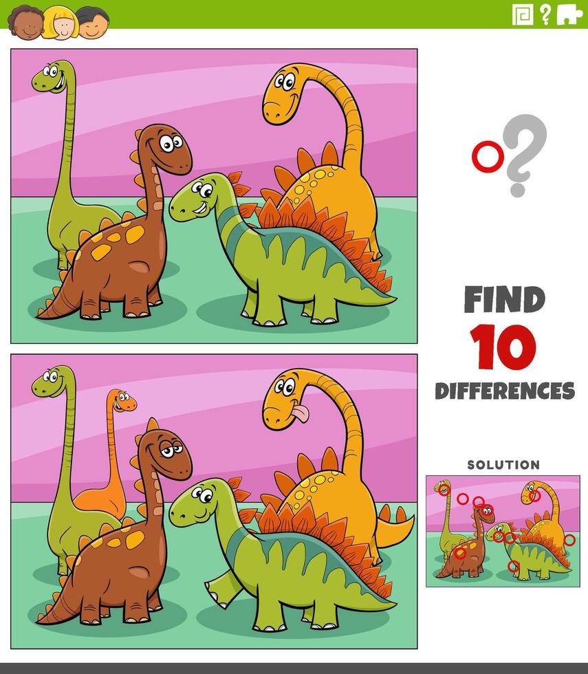 differences game with cartoon dinosaurs prehistoric animals vector