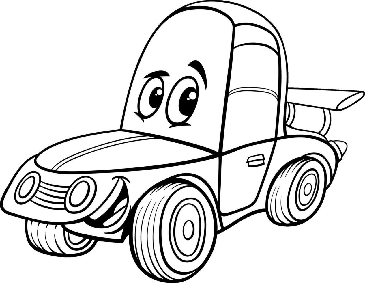 funny cartoon racing car vehicle character coloring page vector