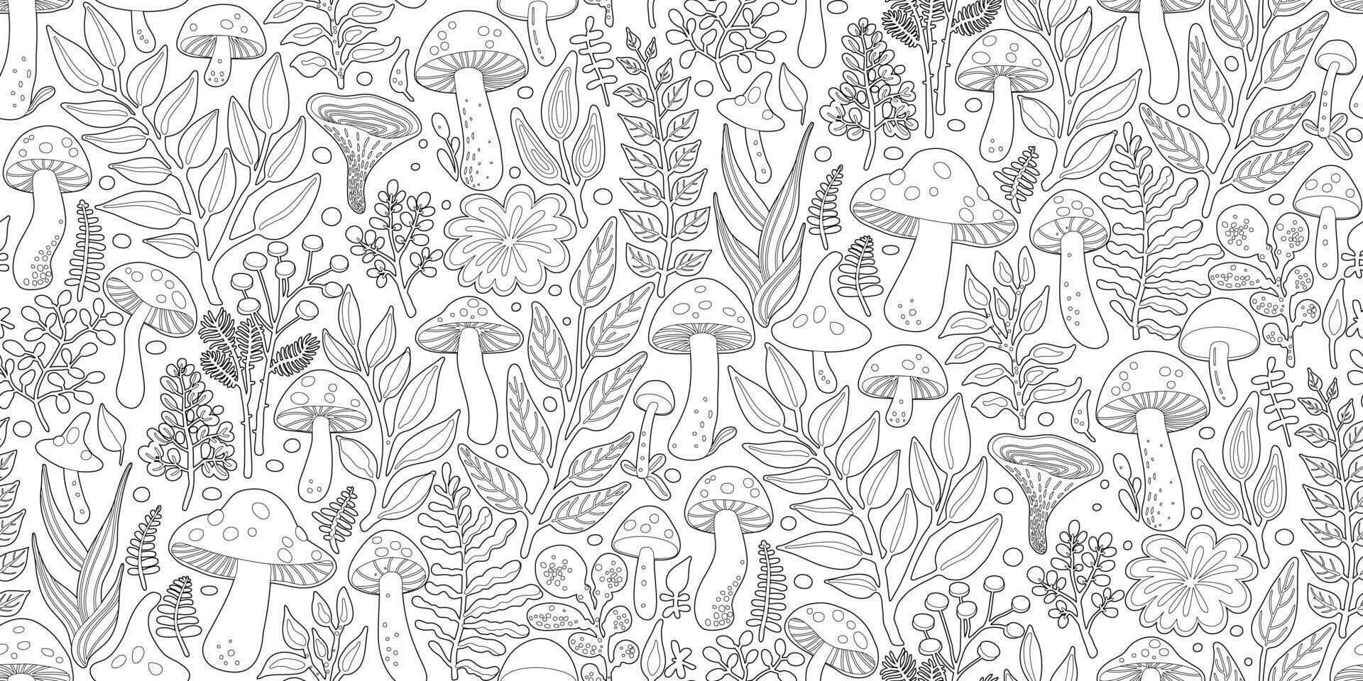 Black Line Art Illustration featuring a Seamless Pattern of Various Mushrooms and Plants, Herbs and Leaves on White Background. Design for Coloring pages, Textiles, Fabrics, Wallpapers, Wrappings. vector