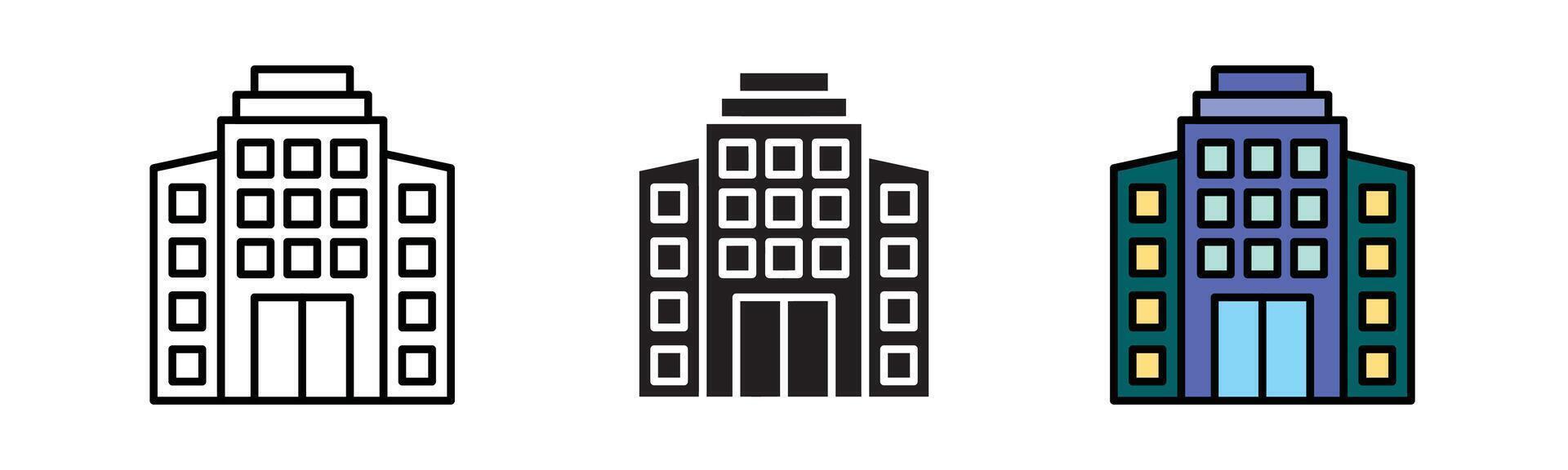 Office building sign icon in flat style coloured icon, Apartment illustration on white isolated background. stroke and fill in black vector