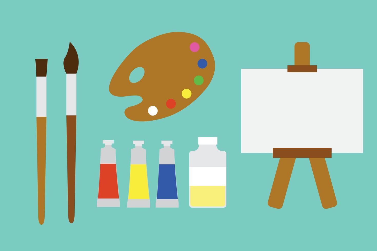 Painting tools elements cartoon colorful set isolated on green background. Art supplies, brushes, watercolor, wooden palette. Design creative materials for workshops banner, card vector