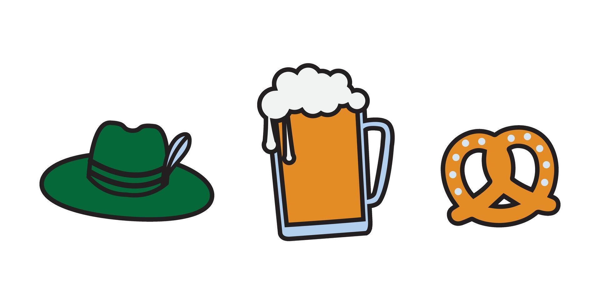 Oktoberfest sticker set, beer, pretzel and alpine hat, design elements vector