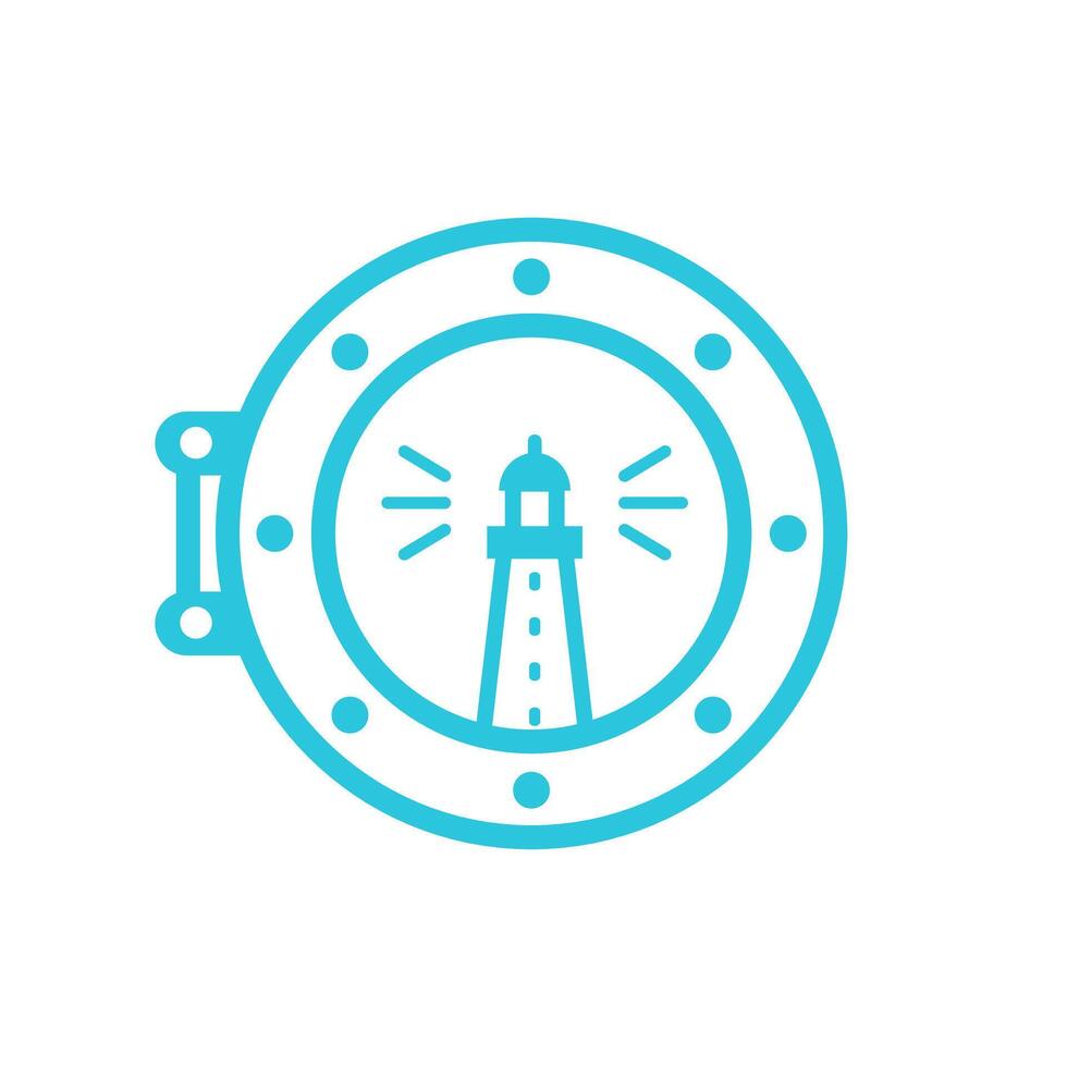 Lighthouse trough boat window icon. Isolated on white background. From blue icon set. vector