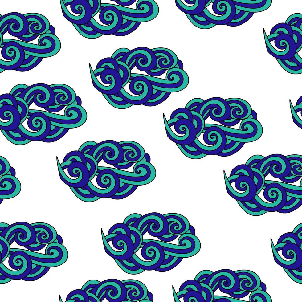 Seamless pattern of ornate fantasy clouds, blue doodle curls on a white background vector
