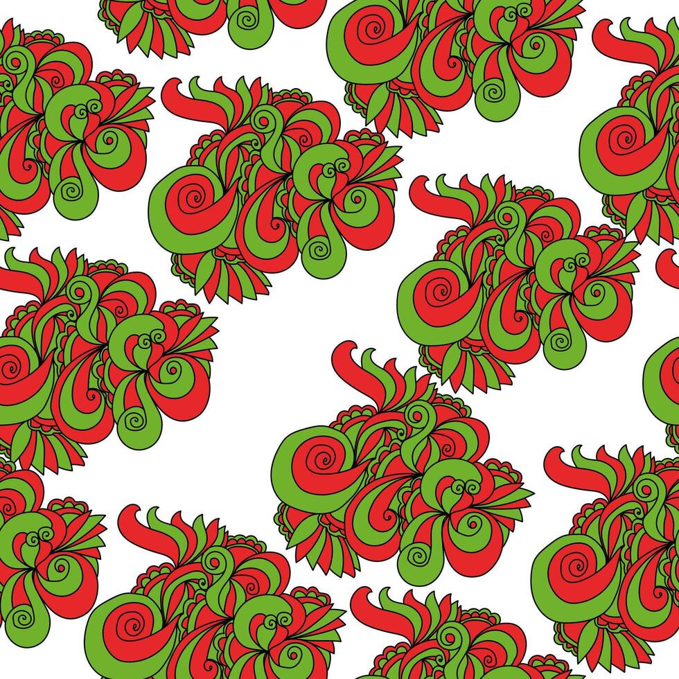 Seamless pattern of curled doodle elements with spirals and petals, fantasy patterns in red-green on a white background vector