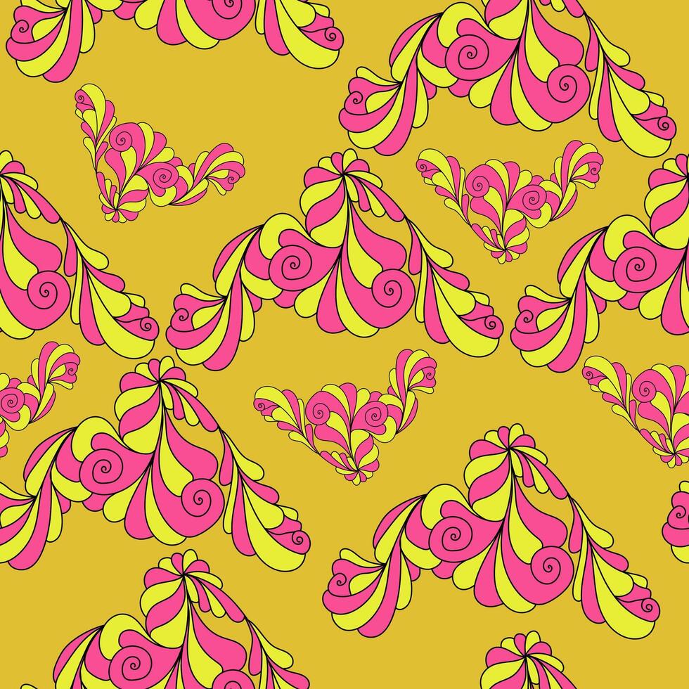 Doodle corner seamless pattern with curls, yellow-pink spiral elements on an orange background vector