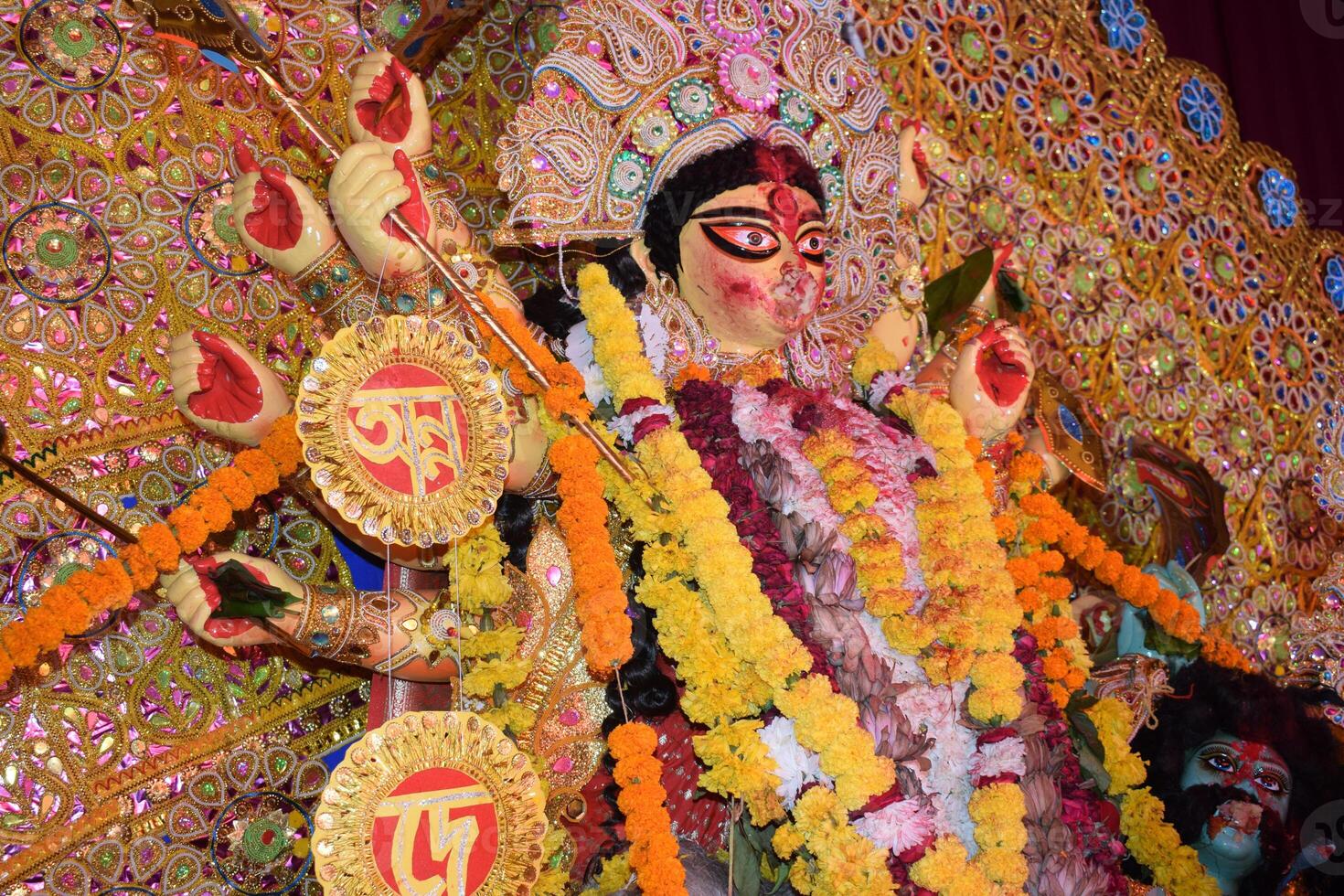 Goddess Durga with traditional look in close up view in Jhilmil Colony Delhi, Durga Puja Idol, A biggest Hindu festival in India photo