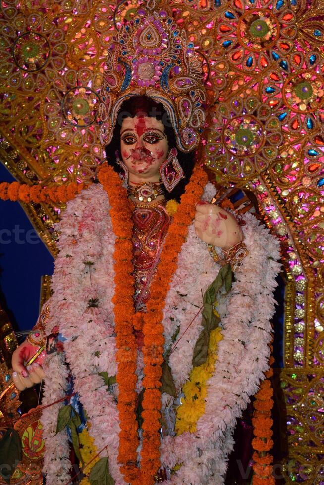 Goddess Durga with traditional look in close up view in Jhilmil Colony Delhi, Durga Puja Idol, A biggest Hindu festival in India photo