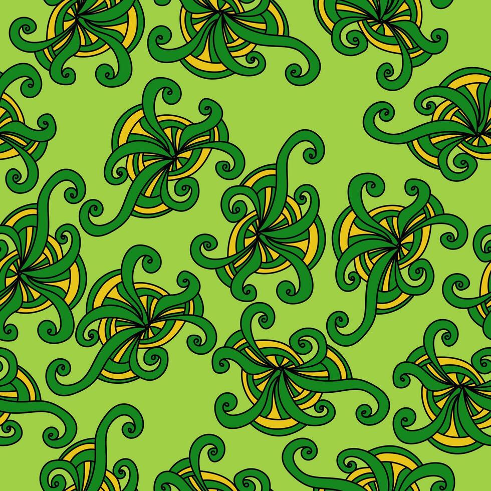 Doodle curls seamless pattern with wavy elements, yellow-green curls on a light green background vector