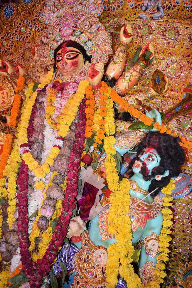 Goddess Durga with traditional look in close up view in Jhilmil Colony Delhi, Durga Puja Idol, A biggest Hindu festival in India photo
