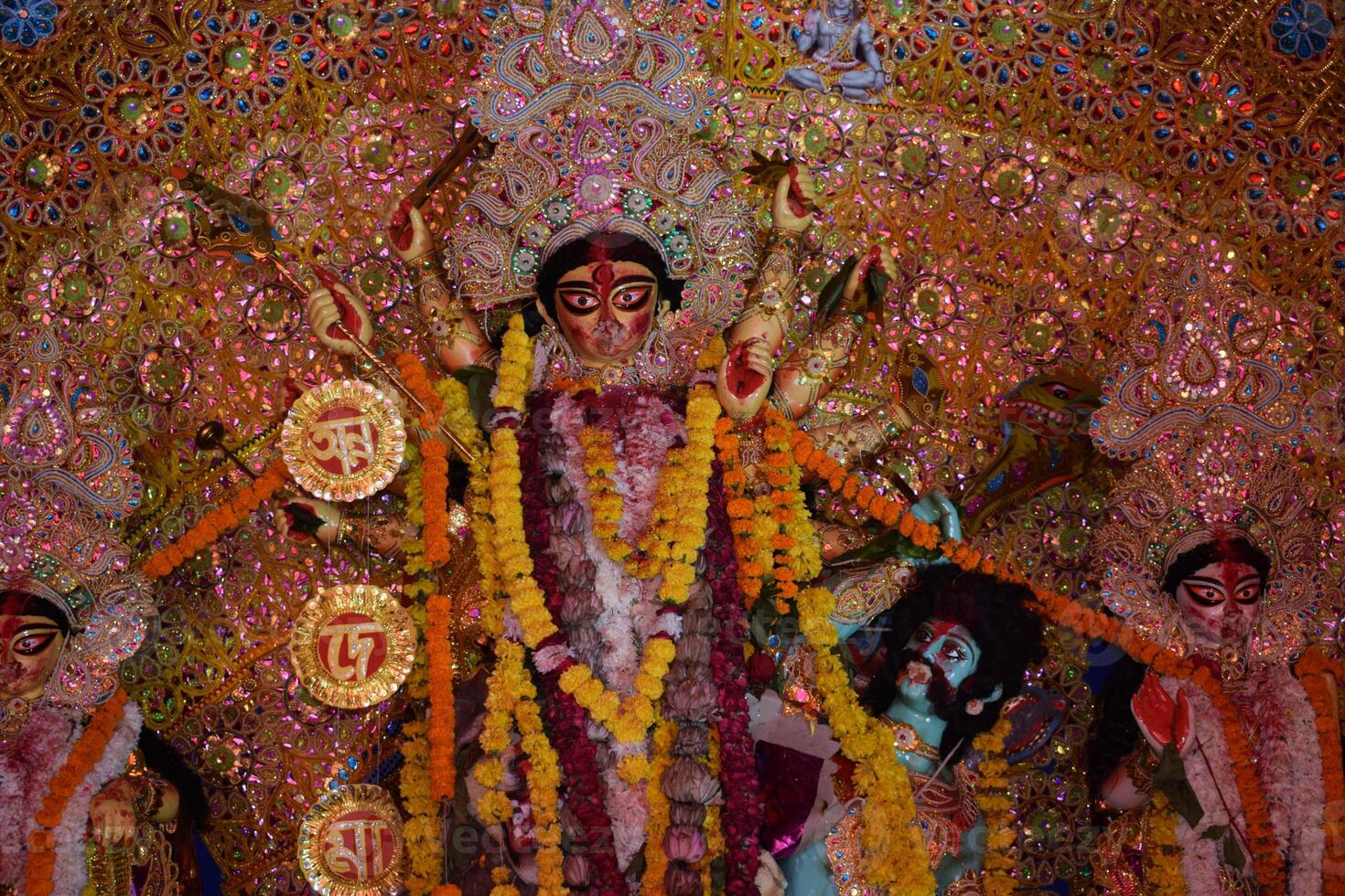 Goddess Durga with traditional look in close up view in Jhilmil Colony Delhi, Durga Puja Idol, A biggest Hindu festival in India photo