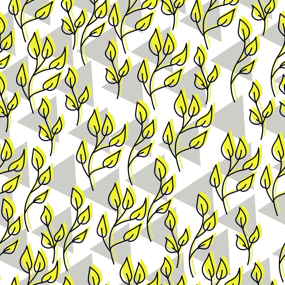 Seamless pattern of ornate doodle leaves in yellow color and gray triangles on a white background vector