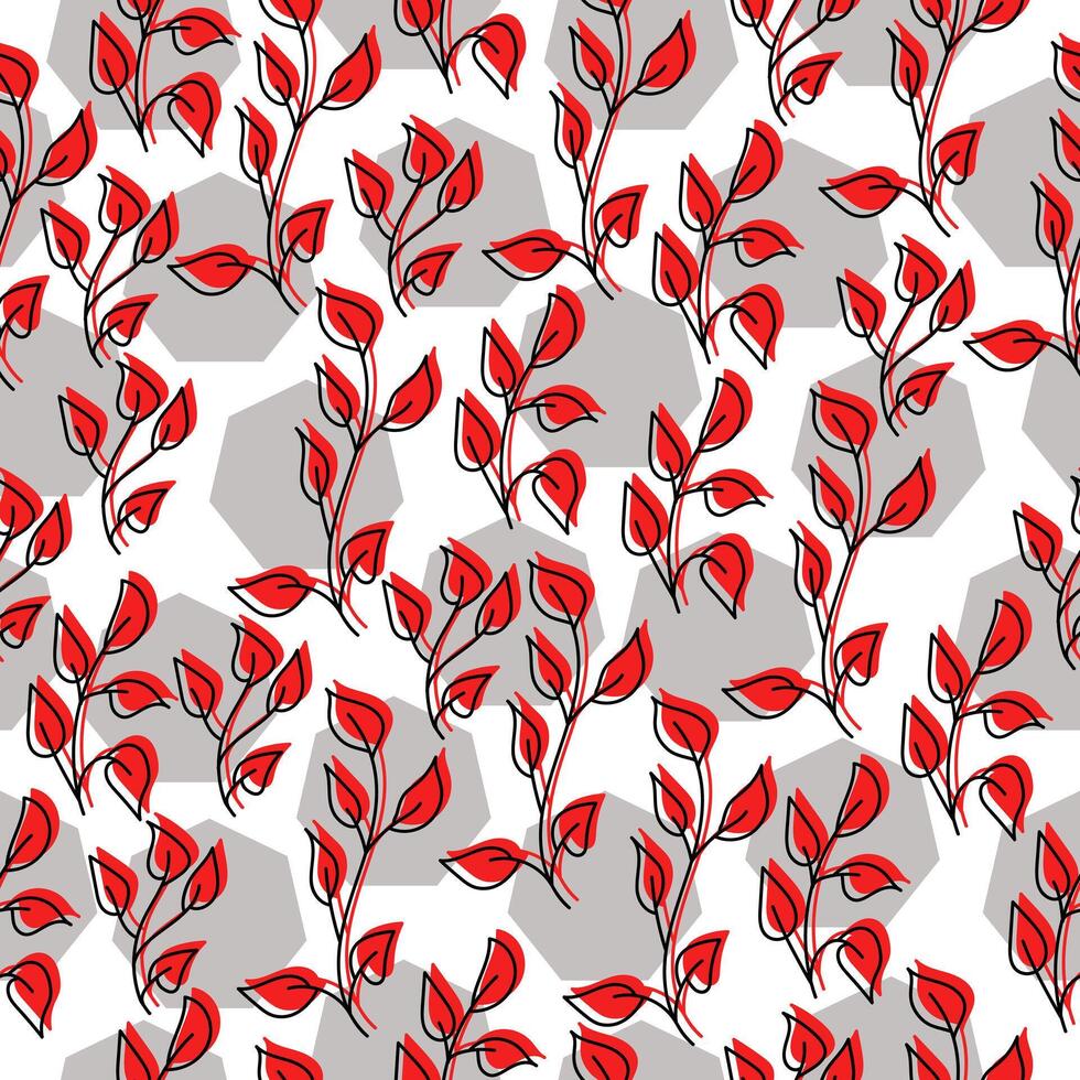 Seamless pattern of ornate doodle leaves in red and gray heptagons on a black background vector