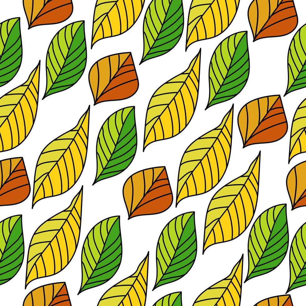 Seamless pattern of bright autumn leaves with asymmetrical veins, yellow orange and green parts of the tree on a white background vector