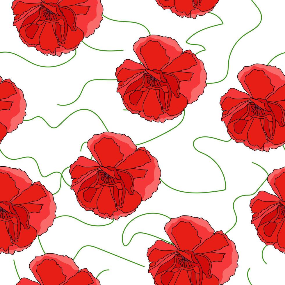 Blooming poppies seamless pattern, bright flowers and green lines on a white background vector
