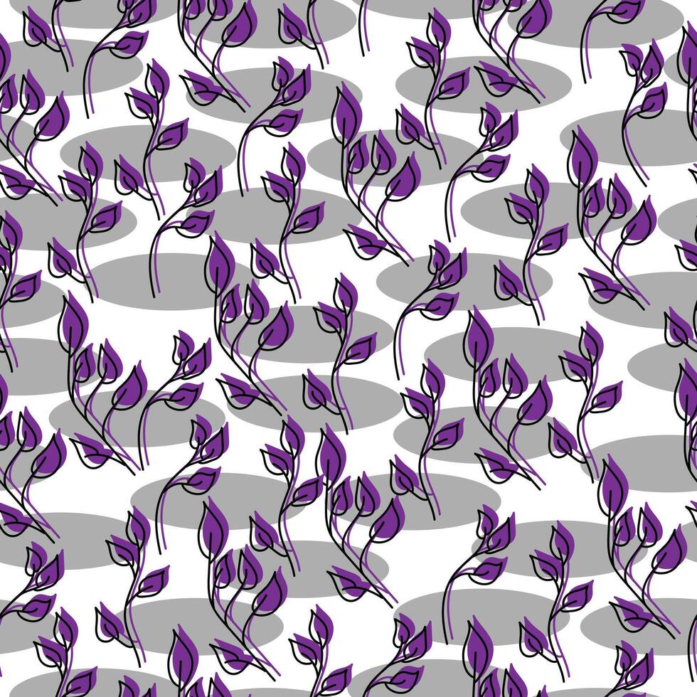 Seamless pattern of ornate doodle leaves of purple color and gray ovals on a white background vector