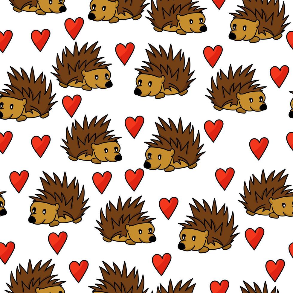 Seamless pattern of enamored hedgehogs in doodle style, cute spiky animals and red hearts on a white background vector